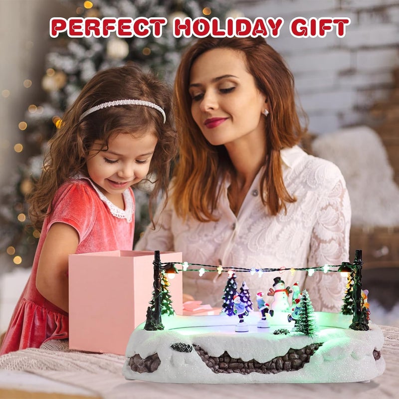 Vipush Christmas Village House Decorations Resin Skating Rink Home Decor Indoor Building Figurines Revolving Train with LED Light and 8 Christmas Music for Kids - Image 4